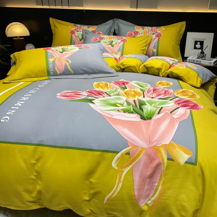 91家纺网 家纺一手货源 找家纺 金爱家2023新款大版磨毛四件套花卉系列曼妙时光-黄