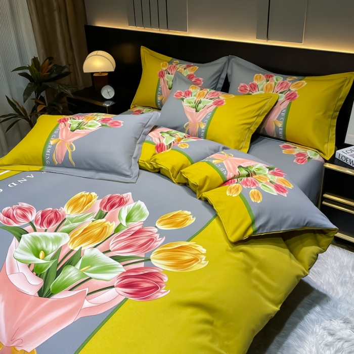 91家纺网 家纺一手货源 找家纺 金爱家2023新款大版磨毛四件套花卉系列曼妙时光-黄