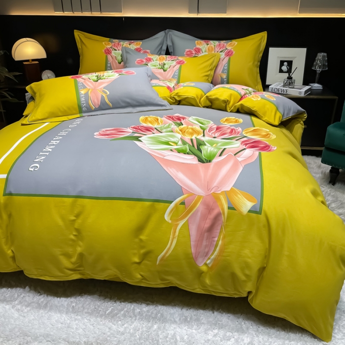 91家纺网 家纺一手货源 找家纺 金爱家2023新款大版磨毛四件套花卉系列曼妙时光-黄