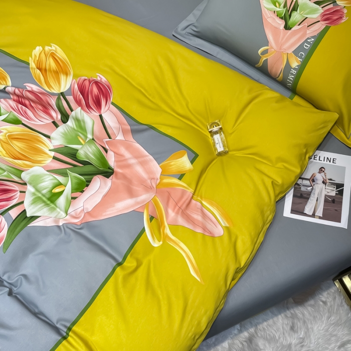 91家纺网 家纺一手货源 找家纺 金爱家2023新款大版磨毛四件套花卉系列曼妙时光-黄