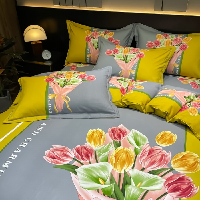 91家纺网 家纺一手货源 找家纺 金爱家2023新款大版磨毛四件套花卉系列曼妙时光-黄