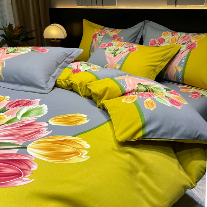 91家纺网 家纺一手货源 找家纺 金爱家2023新款大版磨毛四件套花卉系列曼妙时光-黄