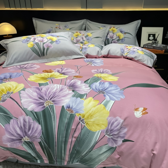 91家纺网 家纺一手货源 找家纺 金爱家2023新款大版磨毛四件套花卉系列嫣然-豆沙