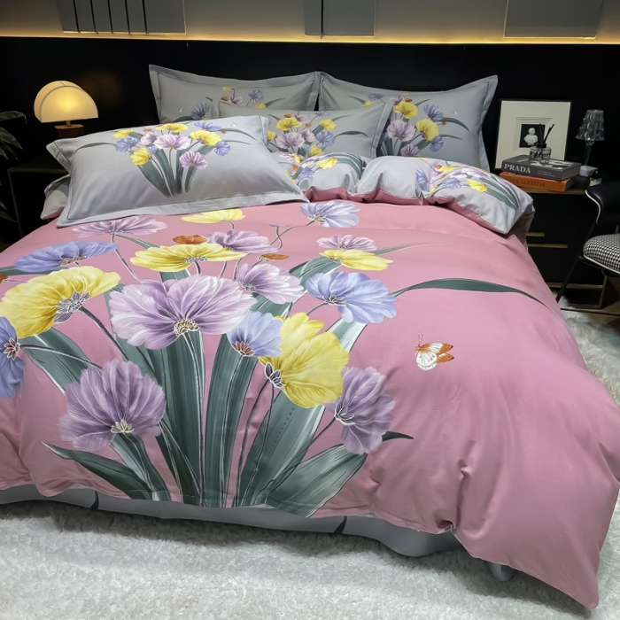 91家纺网 家纺一手货源 找家纺 金爱家2023新款大版磨毛四件套花卉系列嫣然-豆沙