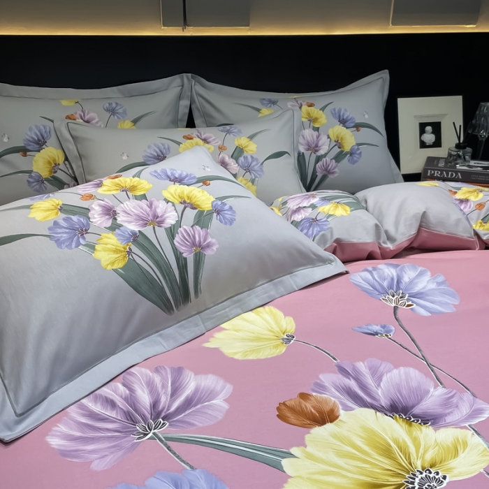 91家纺网 家纺一手货源 找家纺 金爱家2023新款大版磨毛四件套花卉系列嫣然-豆沙