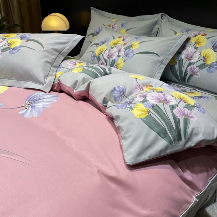 91家纺网 家纺一手货源 找家纺 金爱家2023新款大版磨毛四件套花卉系列嫣然-豆沙