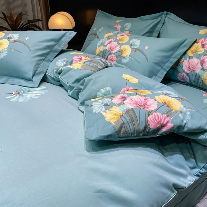 91家纺网 家纺一手货源 找家纺 金爱家2023新款大版磨毛四件套花卉系列嫣然-绿