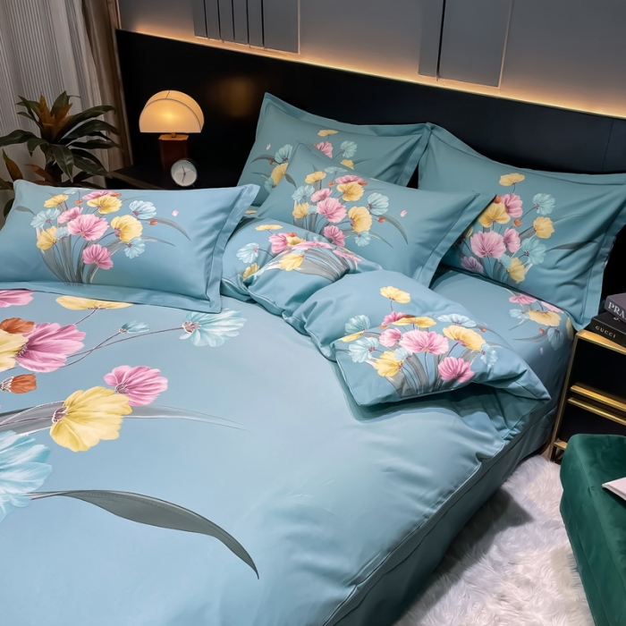 91家纺网 家纺一手货源 找家纺 金爱家2023新款大版磨毛四件套花卉系列嫣然-绿