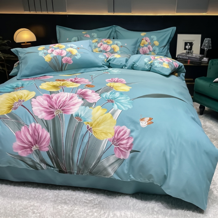 91家纺网 家纺一手货源 找家纺 金爱家2023新款大版磨毛四件套花卉系列嫣然-绿