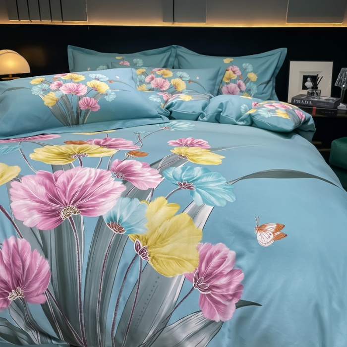 91家纺网 家纺一手货源 找家纺 金爱家2023新款大版磨毛四件套花卉系列嫣然-绿