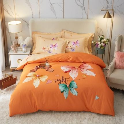 91家纺网 家纺一手货源 找家纺 金纱玉纺2022新款全棉生态大版磨毛四件套花之蝶影-桔