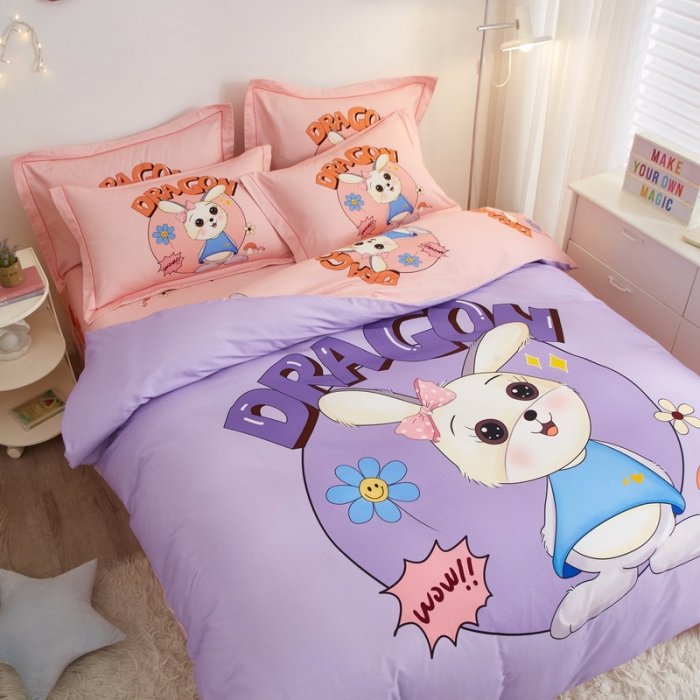 91家纺网 家纺一手货源 找家纺 金纱玉纺2022新款全棉生态大版磨毛四件套邻家兔-紫