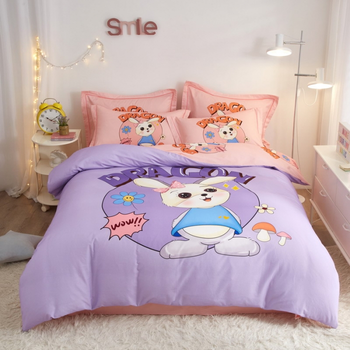 91家纺网 家纺一手货源 找家纺 金纱玉纺2022新款全棉生态大版磨毛四件套邻家兔-紫