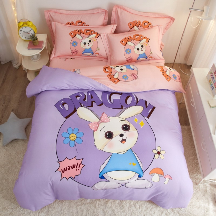 91家纺网 家纺一手货源 找家纺 金纱玉纺2022新款全棉生态大版磨毛四件套邻家兔-紫