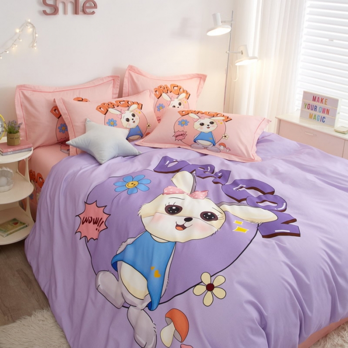 91家纺网 家纺一手货源 找家纺 金纱玉纺2022新款全棉生态大版磨毛四件套邻家兔-紫