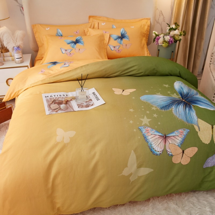 91家纺网 家纺一手货源 找家纺 金纱玉纺2022新款全棉生态大版磨毛四件套翩翩起舞-绿