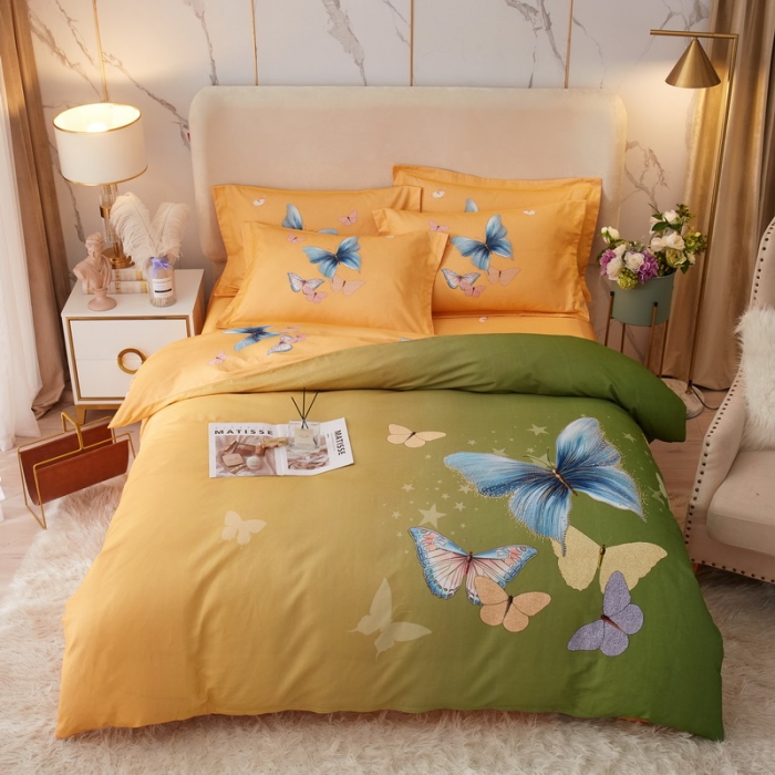 91家纺网 家纺一手货源 找家纺 金纱玉纺2022新款全棉生态大版磨毛四件套翩翩起舞-绿