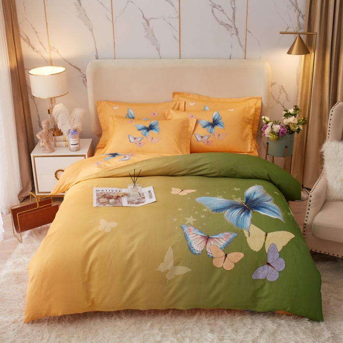 91家纺网 家纺一手货源 找家纺 金纱玉纺2022新款全棉生态大版磨毛四件套翩翩起舞-绿