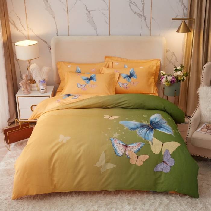 91家纺网 家纺一手货源 找家纺 金纱玉纺2022新款全棉生态大版磨毛四件套翩翩起舞-绿