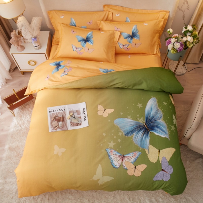 91家纺网 家纺一手货源 找家纺 金纱玉纺2022新款全棉生态大版磨毛四件套翩翩起舞-绿