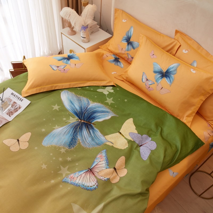 91家纺网 家纺一手货源 找家纺 金纱玉纺2022新款全棉生态大版磨毛四件套翩翩起舞-绿