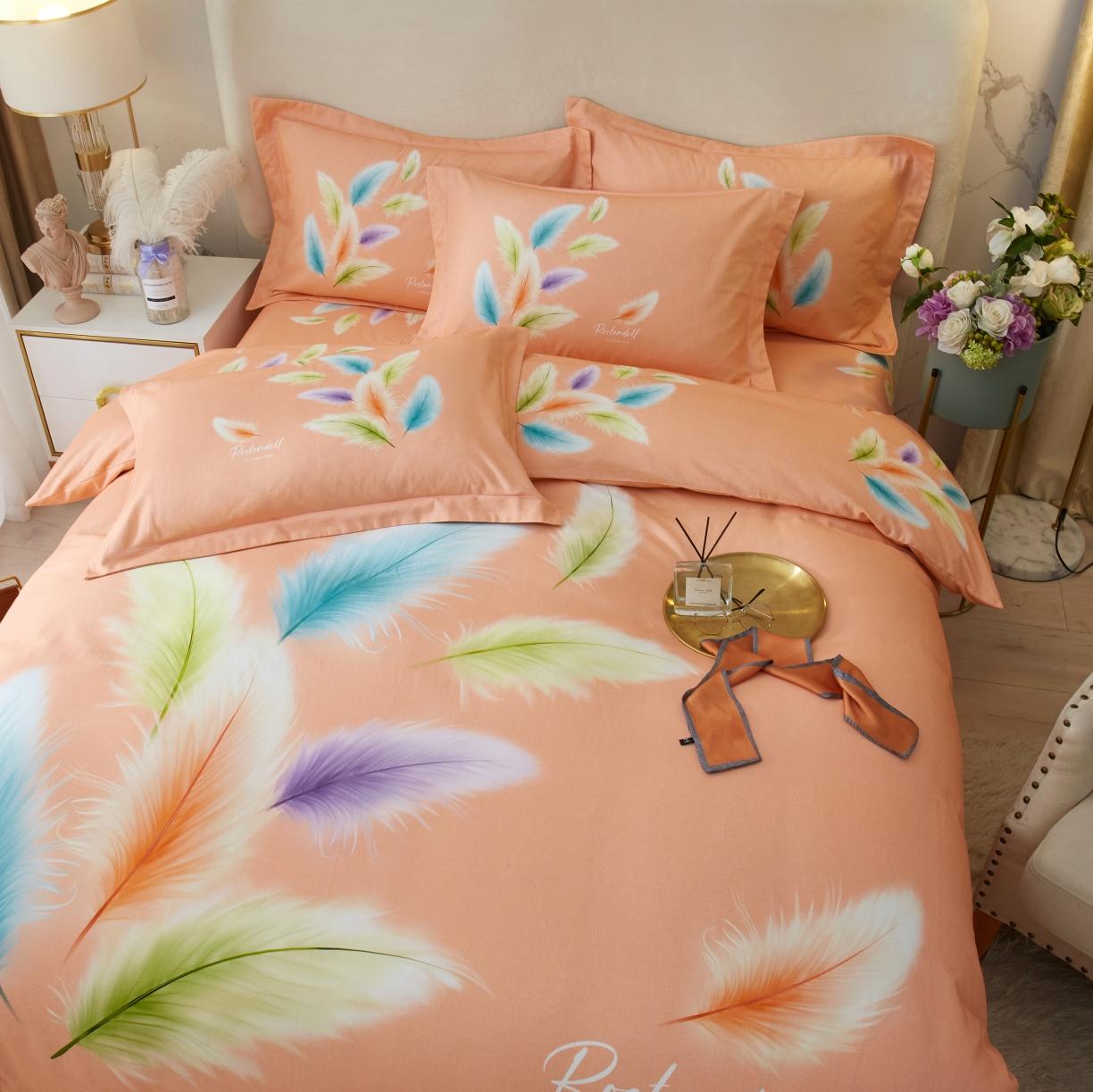 91家纺网 家纺一手货源 找家纺 金纱玉纺2022新款全棉生态大版磨毛四件套轻舞飞扬-桔