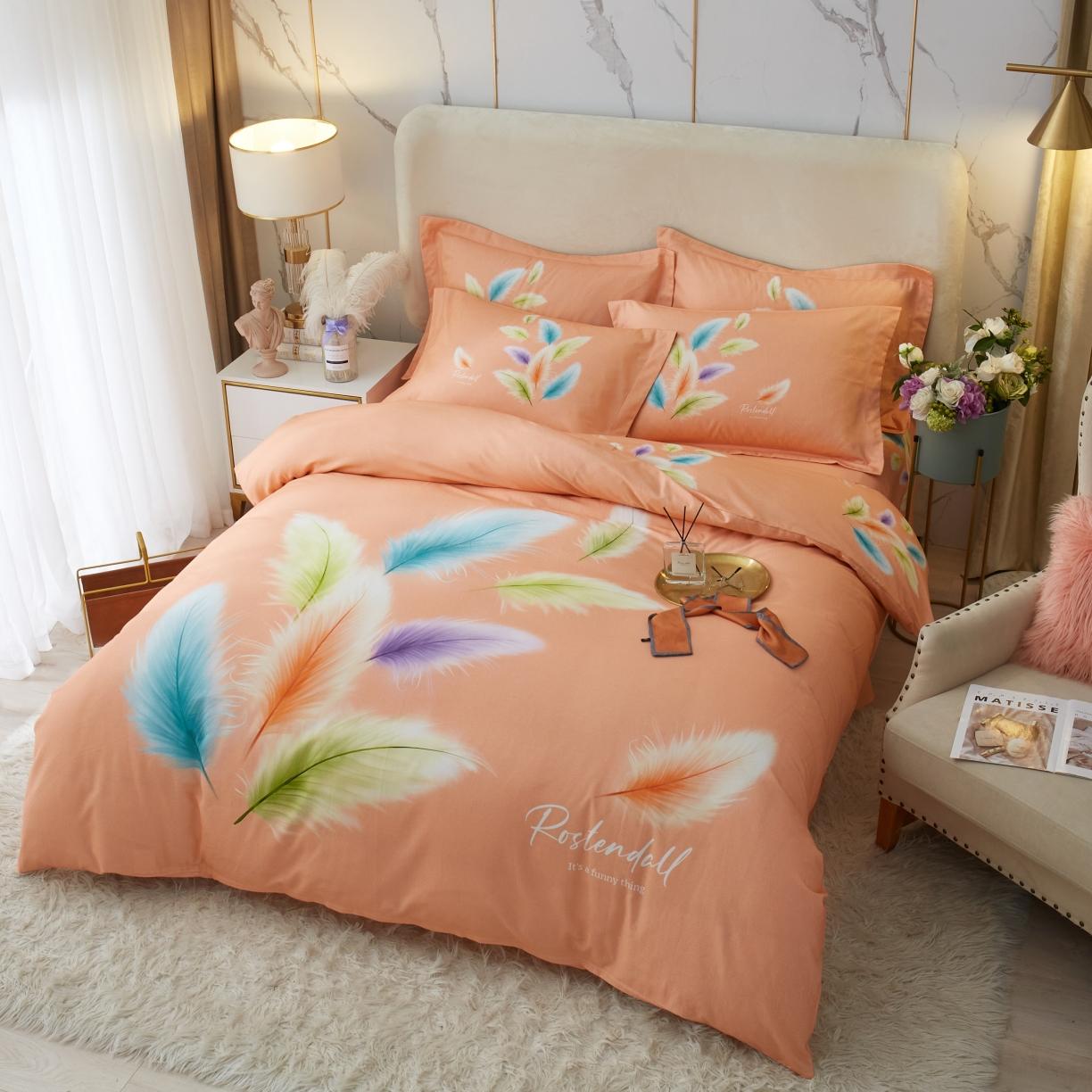 91家纺网 家纺一手货源 找家纺 金纱玉纺2022新款全棉生态大版磨毛四件套轻舞飞扬-桔