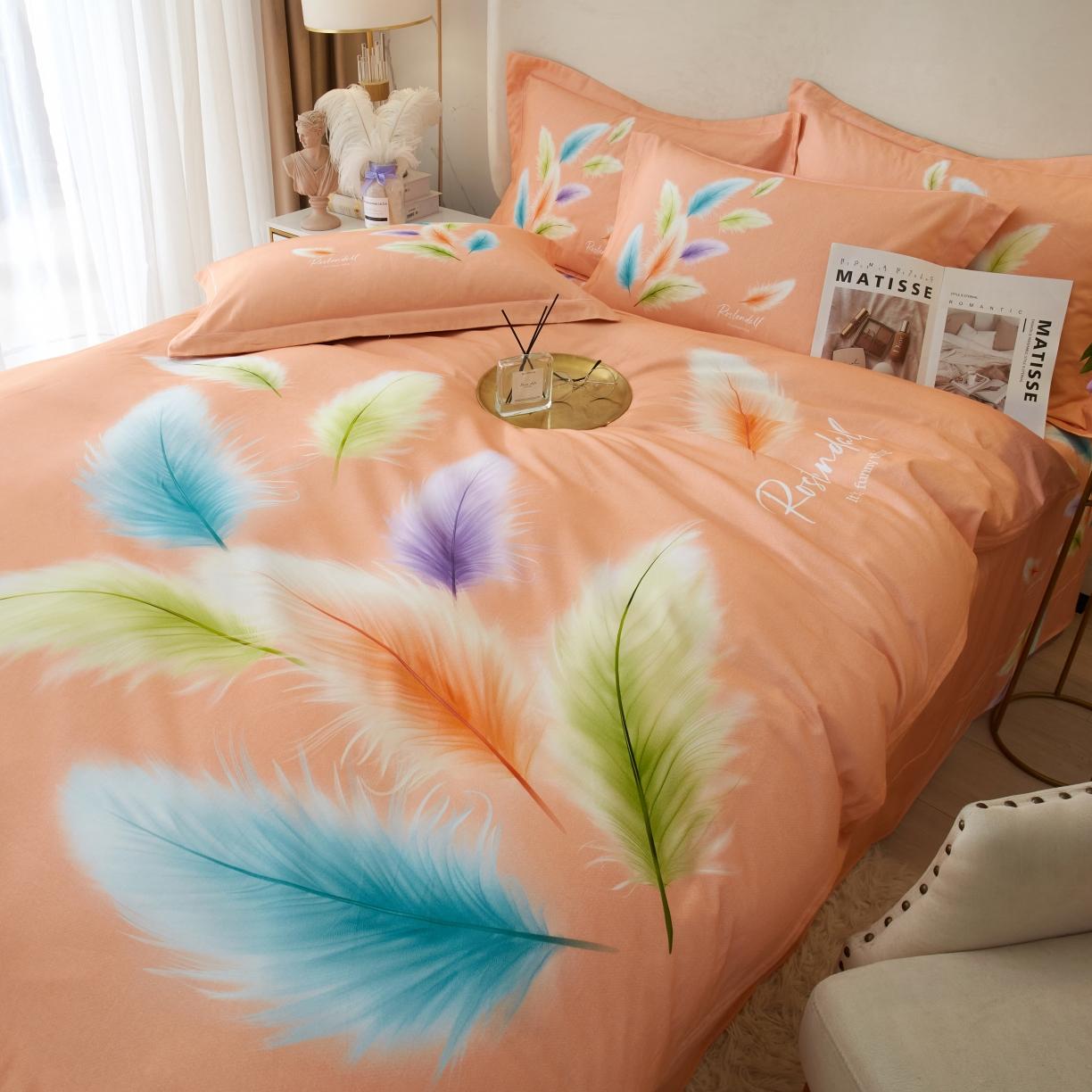 91家纺网 家纺一手货源 找家纺 金纱玉纺2022新款全棉生态大版磨毛四件套轻舞飞扬-桔