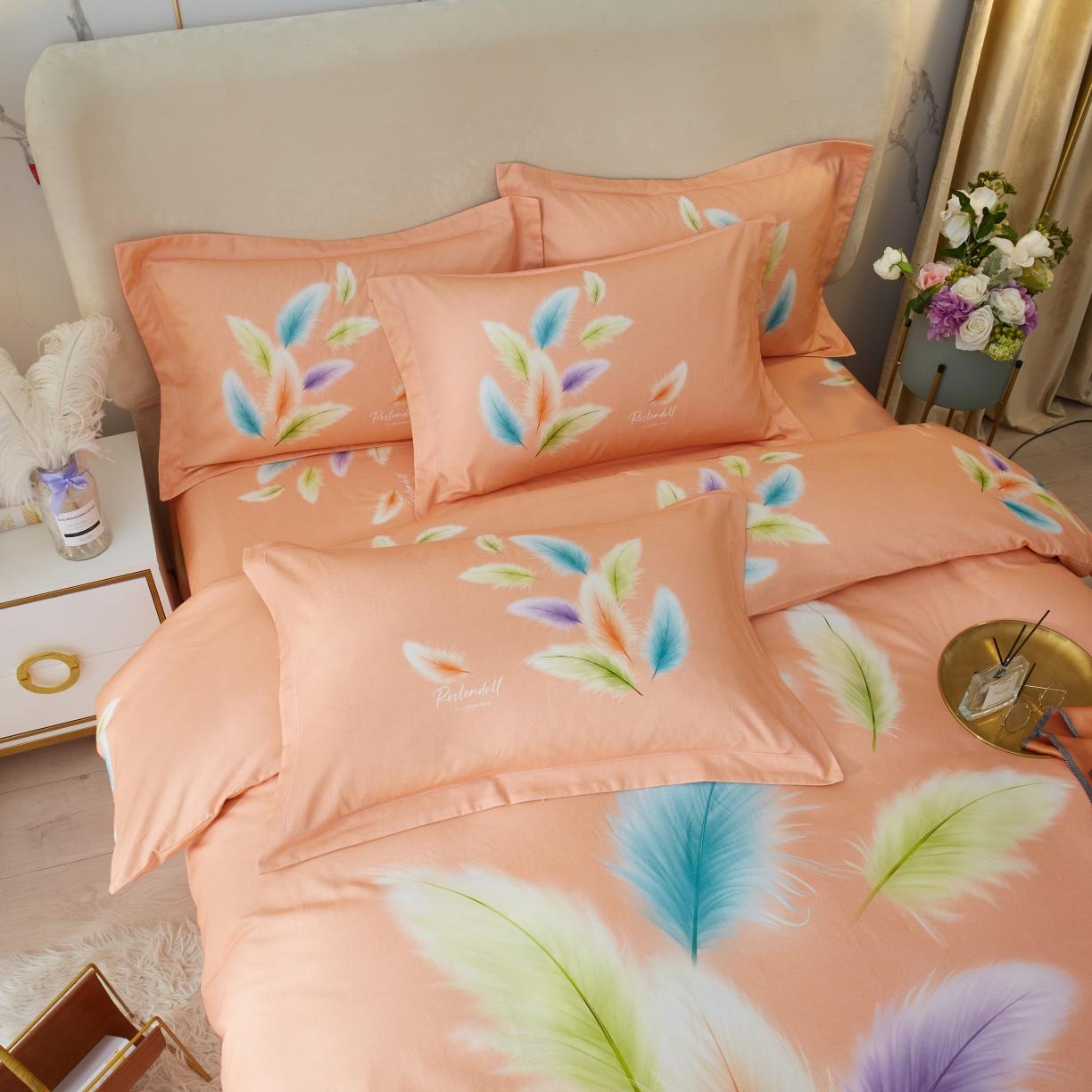 91家纺网 家纺一手货源 找家纺 金纱玉纺2022新款全棉生态大版磨毛四件套轻舞飞扬-桔