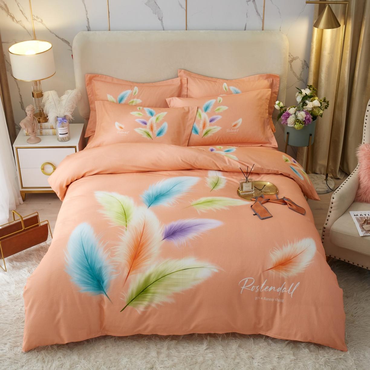 91家纺网 家纺一手货源 找家纺 金纱玉纺2022新款全棉生态大版磨毛四件套轻舞飞扬-桔