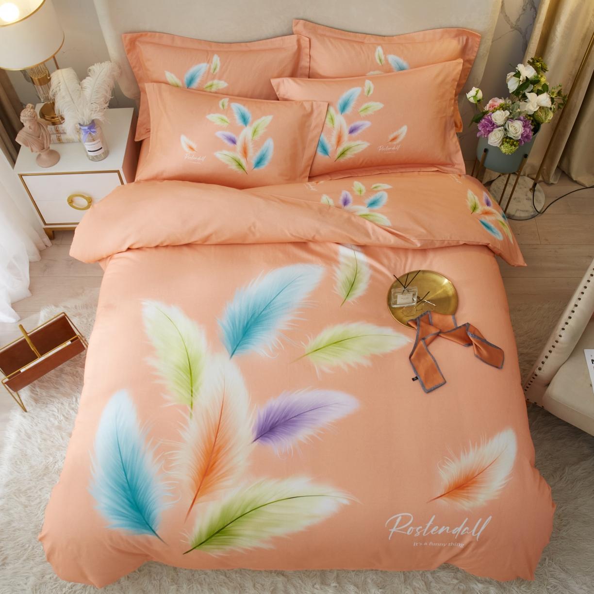 91家纺网 家纺一手货源 找家纺 金纱玉纺2022新款全棉生态大版磨毛四件套轻舞飞扬-桔