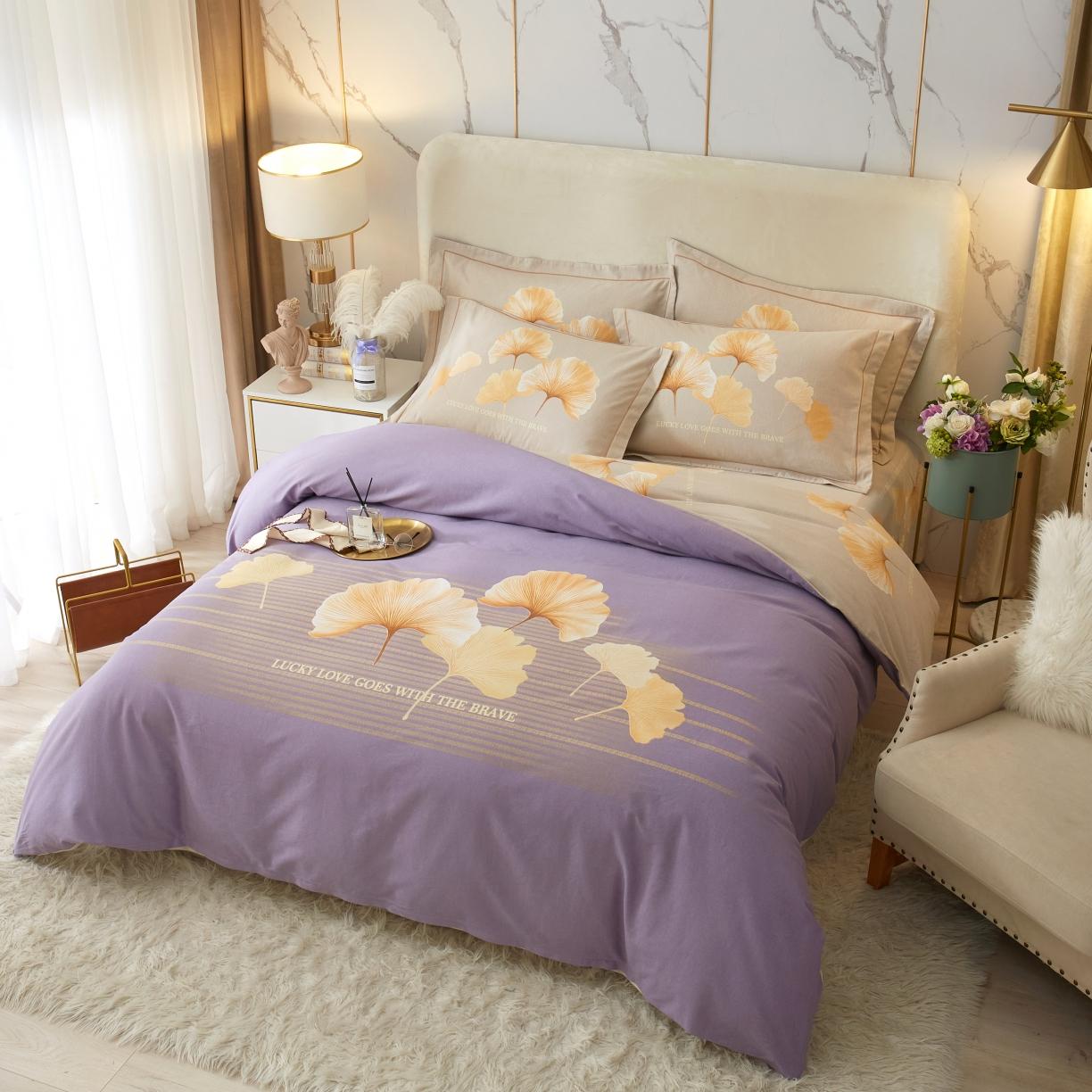 91家纺网 家纺一手货源 找家纺 金纱玉纺2022新款全棉生态大版磨毛四件套幸叶-紫