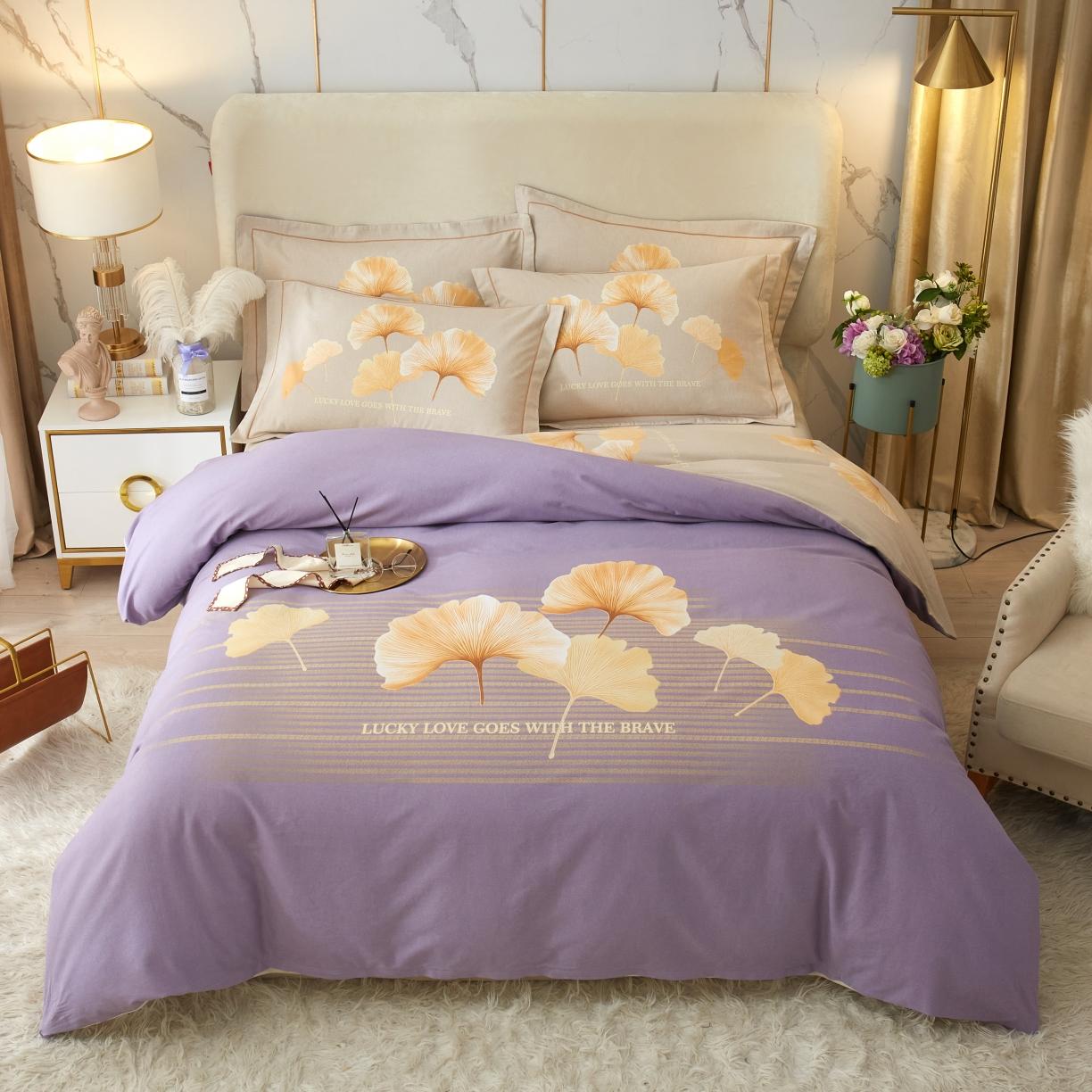 91家纺网 家纺一手货源 找家纺 金纱玉纺2022新款全棉生态大版磨毛四件套幸叶-紫