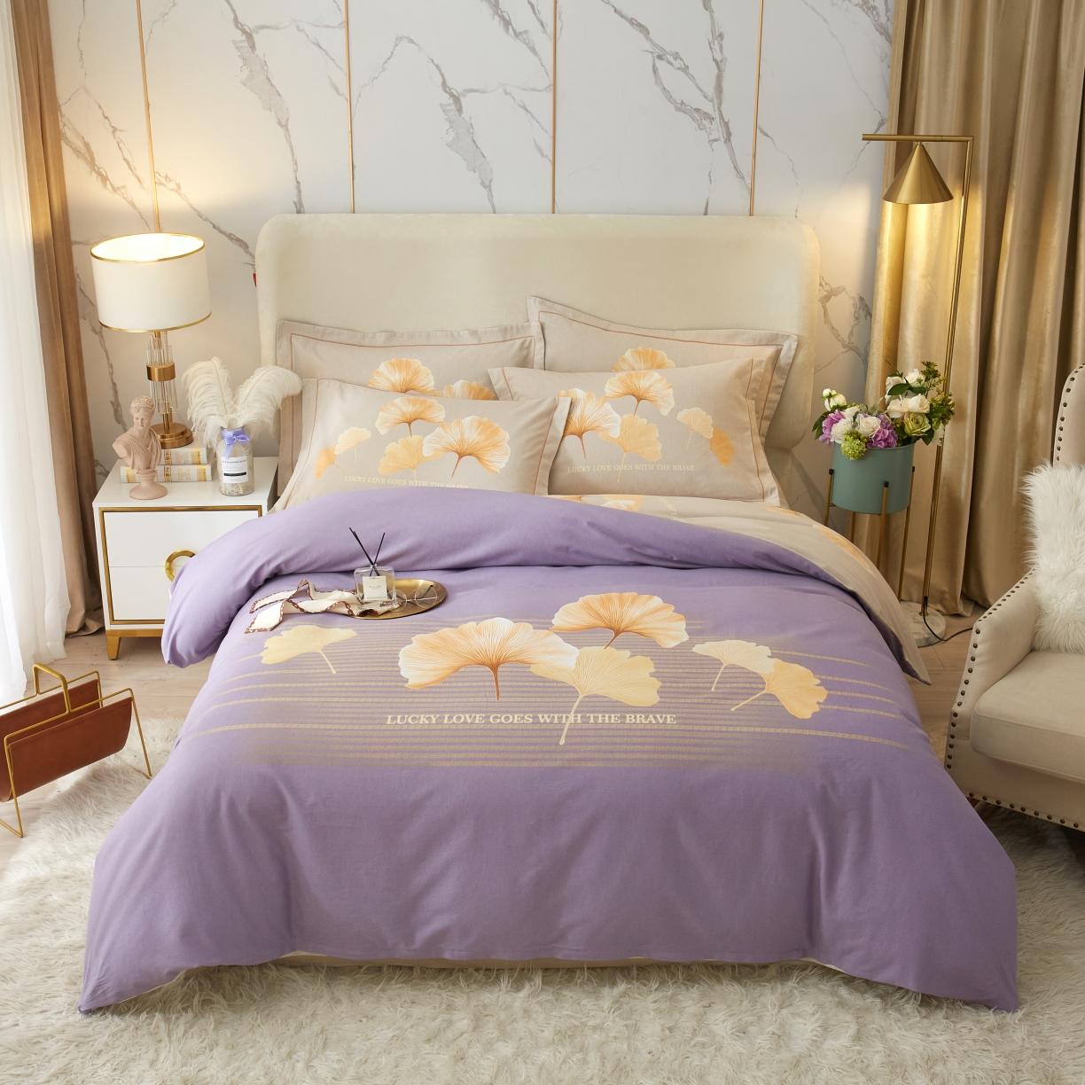 91家纺网 家纺一手货源 找家纺 金纱玉纺2022新款全棉生态大版磨毛四件套幸叶-紫