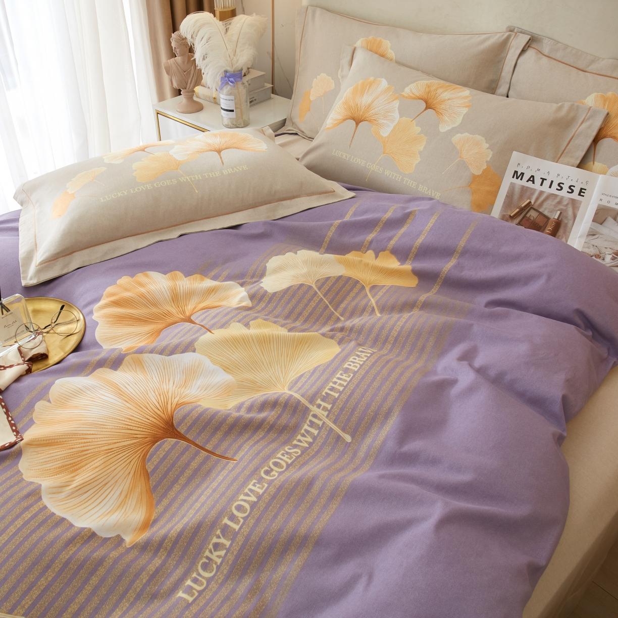 91家纺网 家纺一手货源 找家纺 金纱玉纺2022新款全棉生态大版磨毛四件套幸叶-紫