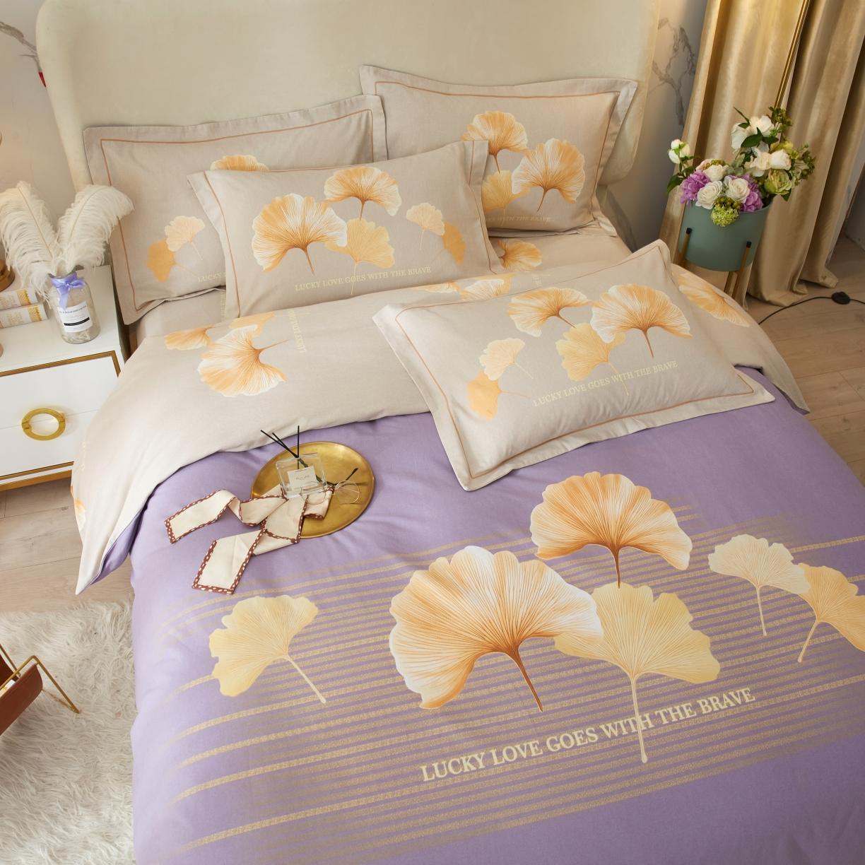 91家纺网 家纺一手货源 找家纺 金纱玉纺2022新款全棉生态大版磨毛四件套幸叶-紫