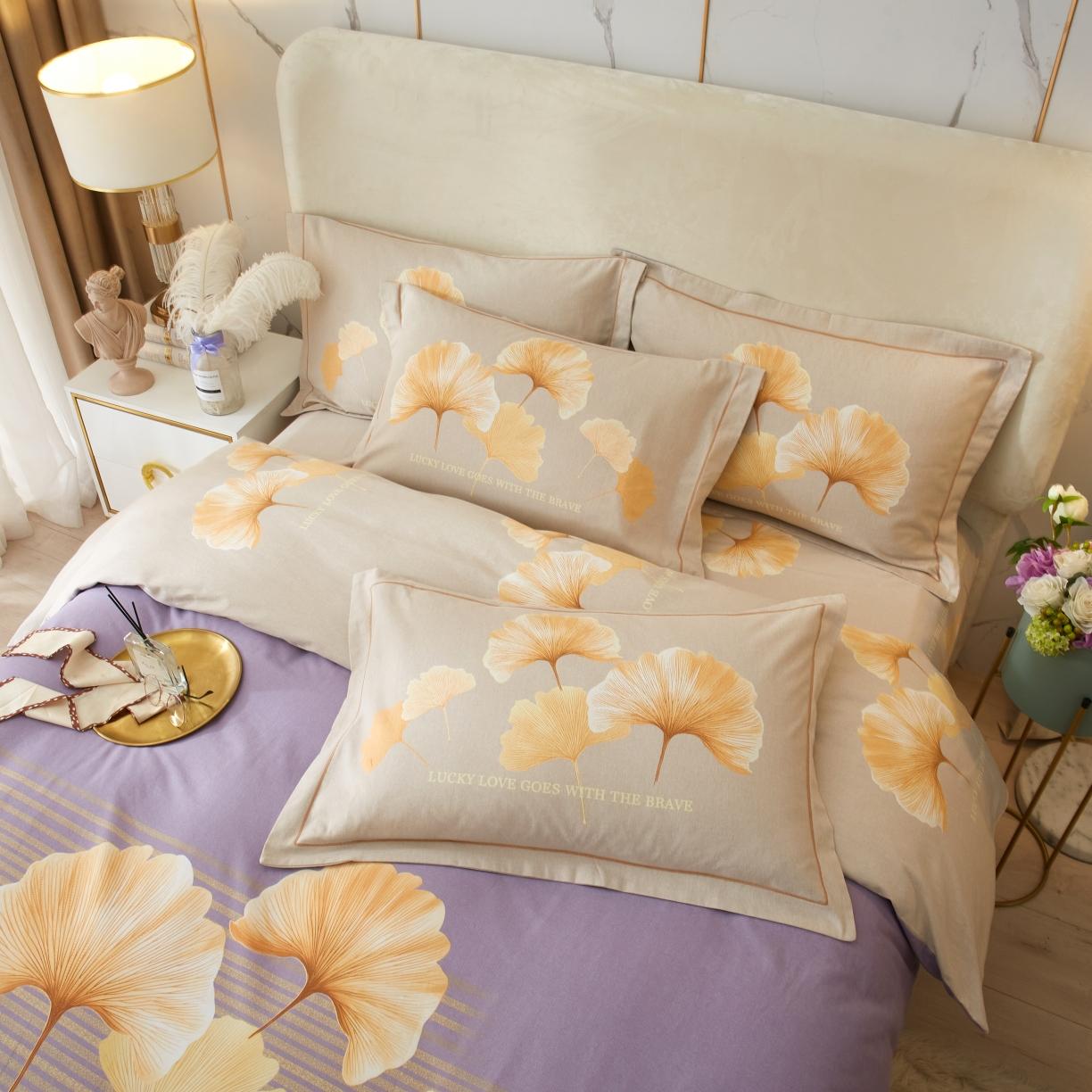 91家纺网 家纺一手货源 找家纺 金纱玉纺2022新款全棉生态大版磨毛四件套幸叶-紫