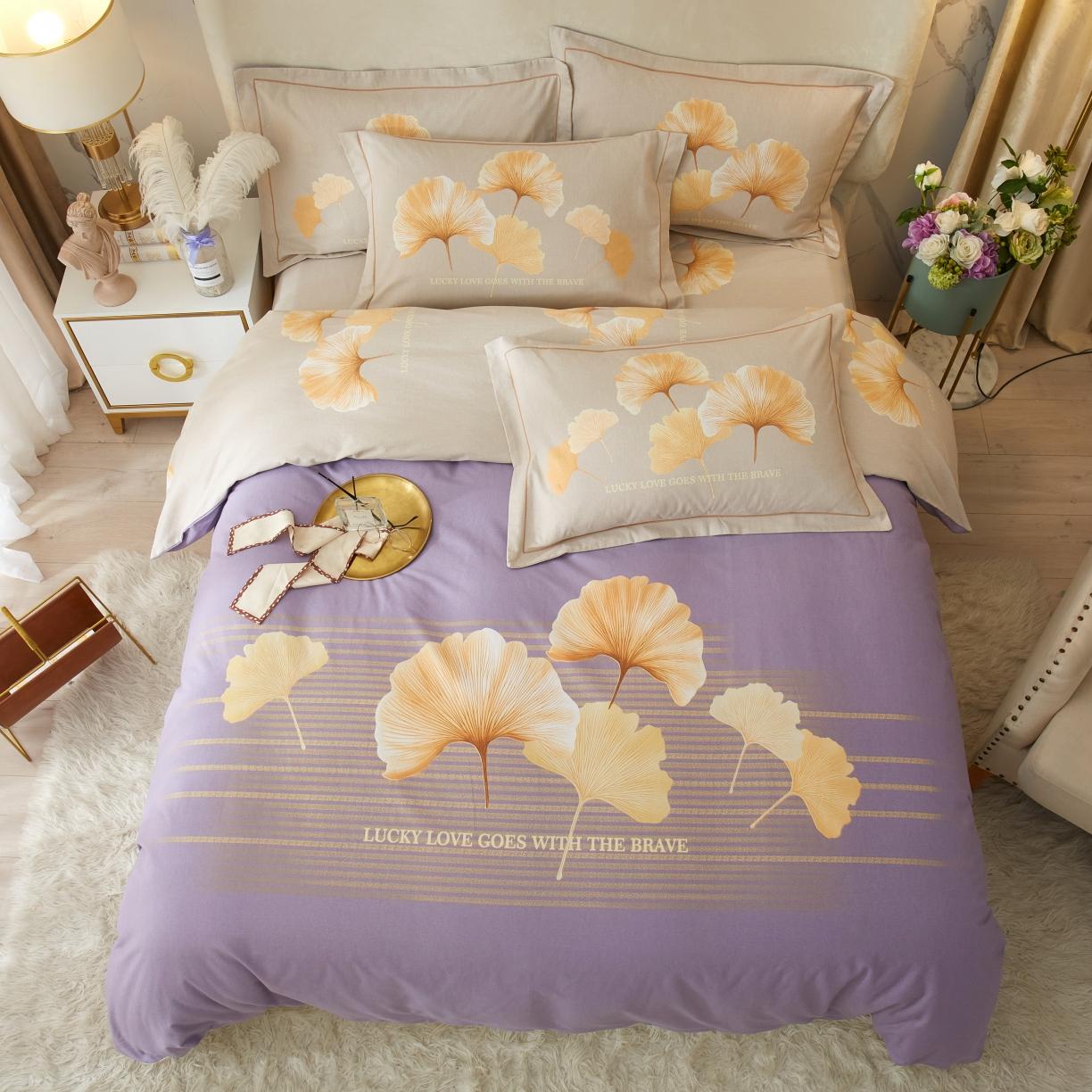 91家纺网 家纺一手货源 找家纺 金纱玉纺2022新款全棉生态大版磨毛四件套幸叶-紫