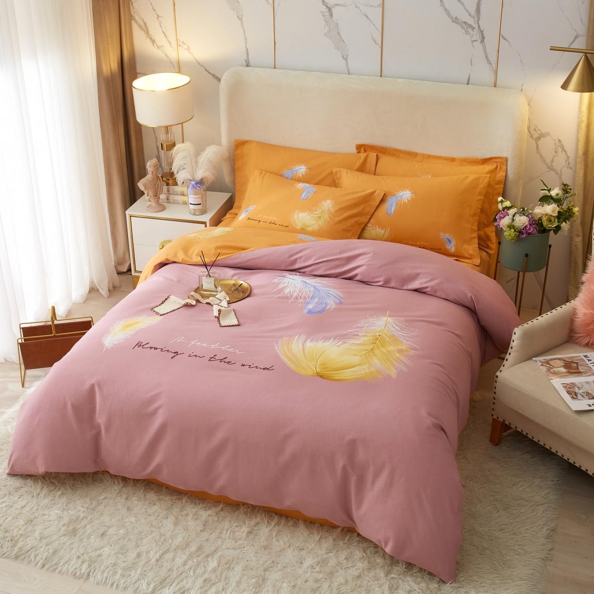 91家纺网 家纺一手货源 找家纺 金纱玉纺2022新款全棉生态大版磨毛四件套羽恋-粉