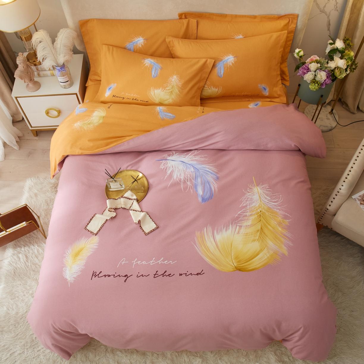 91家纺网 家纺一手货源 找家纺 金纱玉纺2022新款全棉生态大版磨毛四件套羽恋-粉