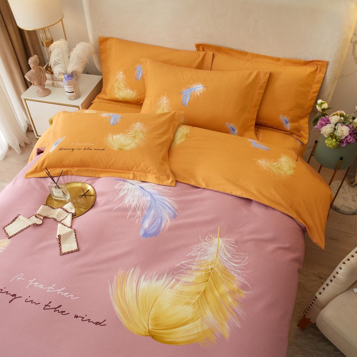 91家纺网 家纺一手货源 找家纺 金纱玉纺2022新款全棉生态大版磨毛四件套羽恋-粉