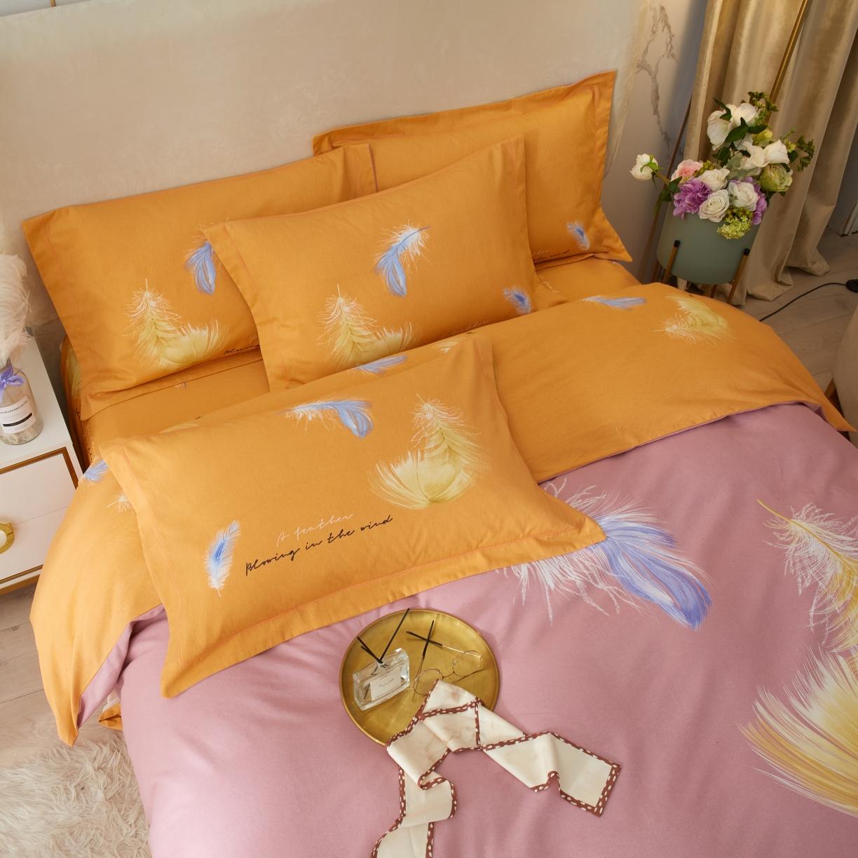 91家纺网 家纺一手货源 找家纺 金纱玉纺2022新款全棉生态大版磨毛四件套羽恋-粉