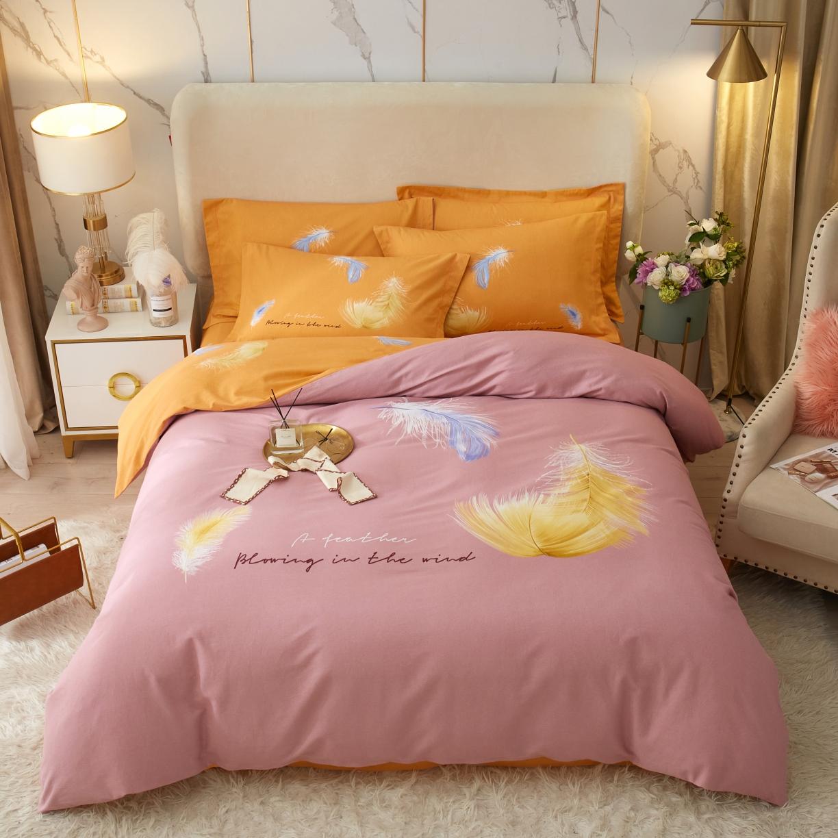 91家纺网 家纺一手货源 找家纺 金纱玉纺2022新款全棉生态大版磨毛四件套羽恋-粉