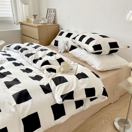 91家纺网 家纺一手货源 找家纺 梦家居 2022新款小清新系列全棉四件套 黑白格