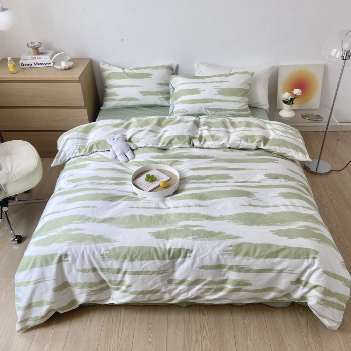91家纺网 家纺一手货源 找家纺 梦家居 2022新款小清新系列全棉四件套 水波纹水绿
