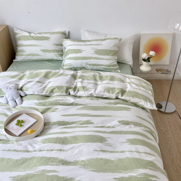 91家纺网 家纺一手货源 找家纺 梦家居 2022新款小清新系列全棉四件套 水波纹水绿