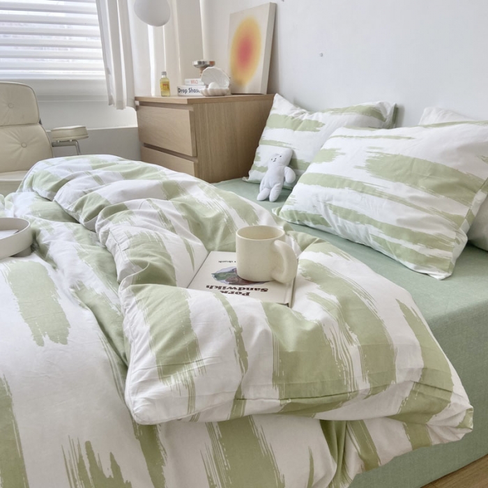 91家纺网 家纺一手货源 找家纺 梦家居 2022新款小清新系列全棉四件套 水波纹水绿