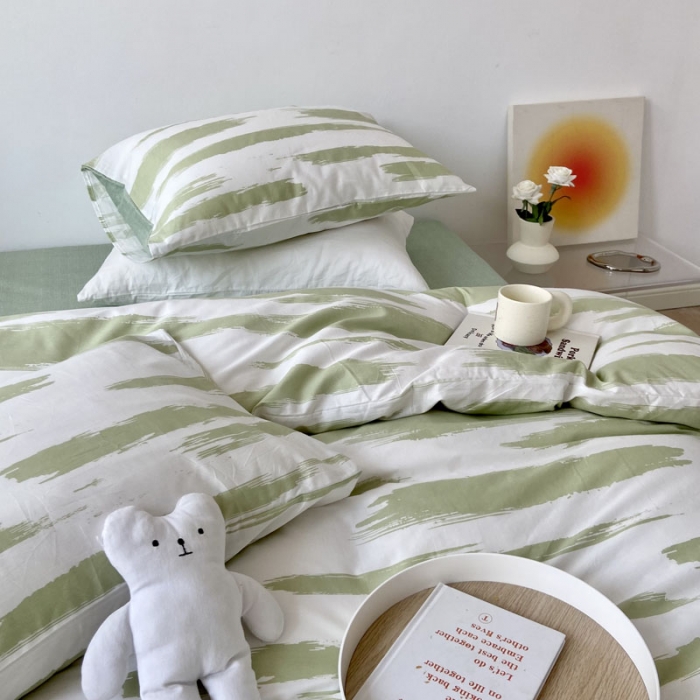91家纺网 家纺一手货源 找家纺 梦家居 2022新款小清新系列全棉四件套 水波纹水绿