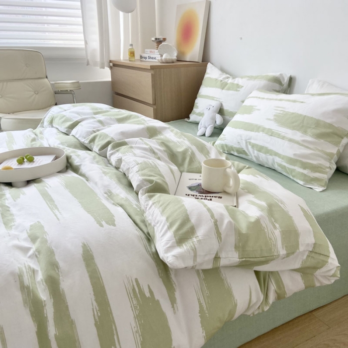 91家纺网 家纺一手货源 找家纺 梦家居 2022新款小清新系列全棉四件套 水波纹水绿