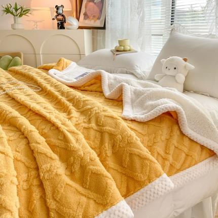 安哆啦 2022新款塔芙绒提花剪花羊羔绒双面复合毛毯毯子 生姜黄